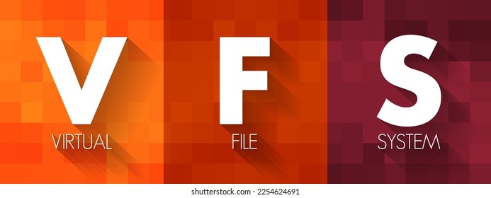 VFS - Virtual File System is an abstract layer on top of a more concrete file system, acronym text concept background