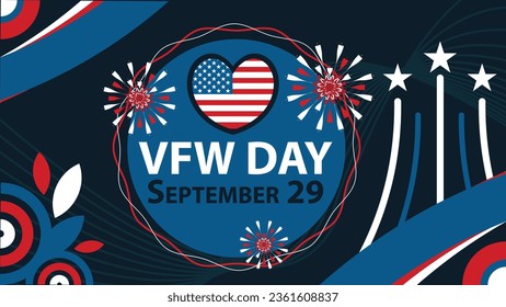 VFW DAY  vector banner design with geometric shapes and vibrant colors on a horizontal background. Happy VFW DAY modern minimal poster.