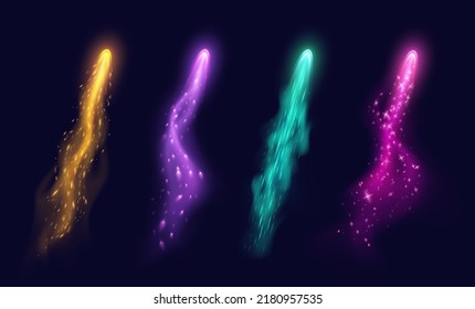 Vfx Arrow Effect, Magic Light Trails With Colorful Haze And Sparkles, Realistic Witch Spell Blast In Motion. Fantasy Game Weapon Effect Isolated On A Dark Background. Vector Illustration.