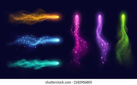 Vfx Arrow Effect, Magic Light Trails With Colorful Haze And Sparkles, Realistic Witch Spell Blast In Motion. Fantasy Game Weapon Effect Isolated On A Dark Background. Vector Illustration.