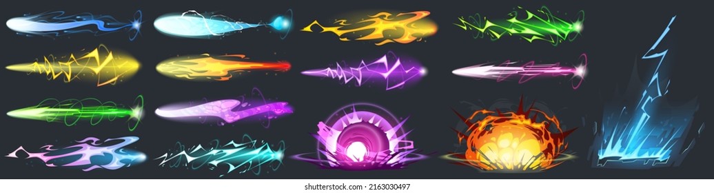 Vfx gun effect, space blasters laser or plasmic beams and rays, bomb explosion. Raygun futuristic alien weapon boom. Game or comic book colorful energy phasers lightnings, Cartoon vector illustration