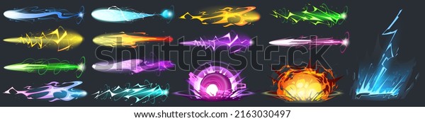 Vfx gun effect, space blasters laser or\
plasmic beams and rays, bomb explosion. Raygun futuristic alien\
weapon boom. Game or comic book colorful energy phasers lightnings,\
Cartoon vector\
illustration