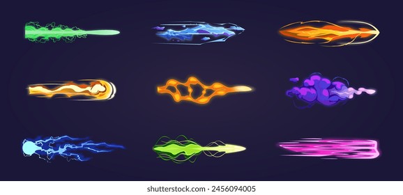 Efecto de pistola Vfx. Disparo de arma espacial, blaster, láser, rayo, rayos de plasma, rayos, humo, rayo. Efectos visuales ligeros. Coloridos efectos de energía. Video 2D Vector ilustración de dibujos animados.