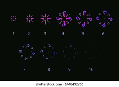 VFX storyboard. Purple explosion, magic effect animation frames. Vector sprites for game design.