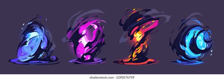 Vfx tornado game cartoon storm effect set isolated. Blue flash twirl with cloud. Magic energy power motion. Magician destructive funnel swirl. Different orange force spell with flame png asset kit.