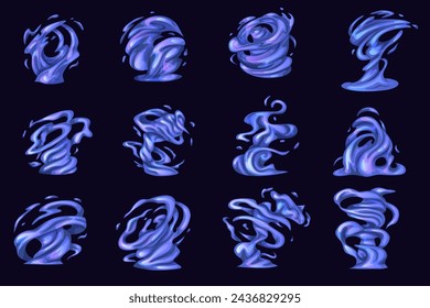 Vfx tornado juego de dibujos animados tormenta efecto. Torbellino mágico de tornado con brillo y brillo, embudo de viento mágico de fantasía. Vector de remolino mágico y efecto de energía de vórtice mágico efecto ilustración