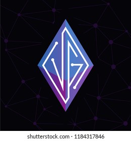 VG Initial letter block chain logo icon vector template. Looping mono line circuit letter on rhombus cube logo
