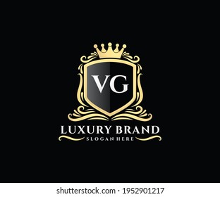 VG Initial Letter, Gold text with feminine floral hand drawn heraldic monogram, Antique vintage style luxury logo design.