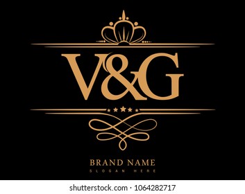 V&G Initial logo, Ampersand initial logo gold with crown and classic pattern
