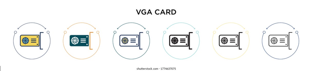 Icono de tarjeta Vga en estilo relleno, delgado, contorno y trazo. Ilustración vectorial de dos iconos vectoriales de tarjetas de color y negro se pueden utilizar para móviles, ui, web