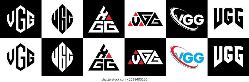 VGG letter logo design in six style. VGG polygon, circle, triangle, hexagon, flat and simple style with black and white color variation letter logo set in one artboard. VGG minimalist and classic logo