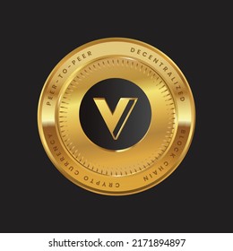 VGX Cryptocurrency new logo in black color concept on gold coin. Voyager Token, VGX Coin Block chain technology symbol. Vector illustration for banner, background, web, print, article.