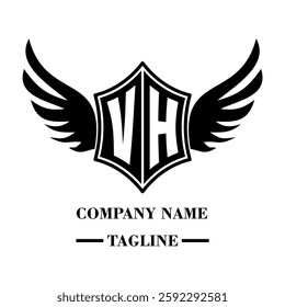 VH bold shield logo with wings, customizable with letters A to Z. Perfect for brands seeking a powerful symbol of strength, freedom, and ambition