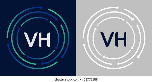 VH design template elements in abstract background logo, design identity in circle, letters business logo icon, blue/green alphabet letters, simplicity graphics