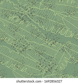 Vhaotic banana leaf seamless pattern on green background. Jungle exotic plant wallpaper. Design for fabric, textile print, wrapping paper, fashion, interior, cover. Vector illustration