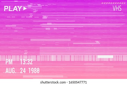 VHS camera effect with glitch. Retro pink background, effect old video, tape rewind or no signal TV screen. VHS glitch. Vector illustration vaporwave style with holographic neon stains. Digital art