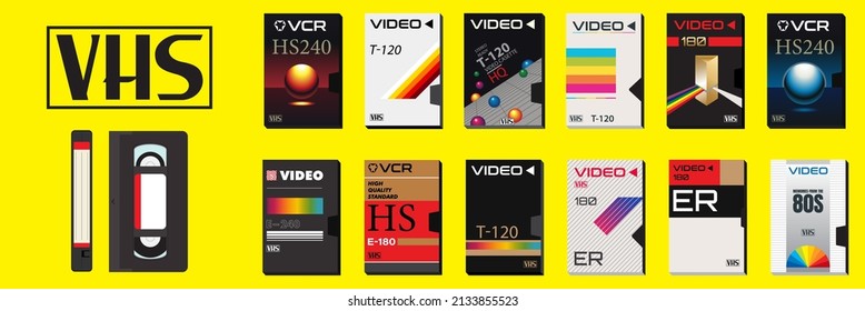 VHS Casette Vector Graphic and Collection of Video Covers. Abstract Blank Tape Cases. Ready templates for stickers, flyers, posters. Movies from 80s and 90's. Synthwave vibes. Retro technology.