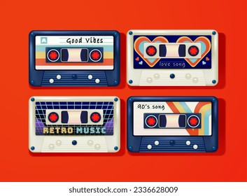 VHS Cassette. 3d vector of awesome super hits old tapes with rock, retro and love theme. 80s, 90s style, outdated technology and music concepts