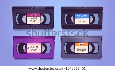 VHS cassettes, old tapes for video home system and VCR. Vector cartoon set of vintage casettes with blank label stickers. Retro videotape for record movie, media, tv and cinema