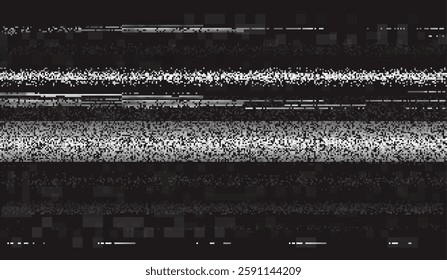 VHS effect, black and white monochrome glitch vector background. Abstract digital pixel noisy error screen. Video damage, no signal design. Retro random squared shapes and lines noise tape distortion