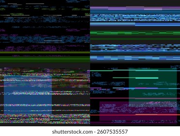 VHS effect, glitch vector backgrounds set. Abstract digital pixel noisy error screen. Video damage, no signal design. Colorful retro tape template. Random shapes and lines noise distortion