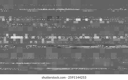 VHS effect, grey monochrome glitch vector background. Abstract digital pixel noisy error screen. Video damage, no signal design. Retro random squared shapes and lines noise tape distortion
