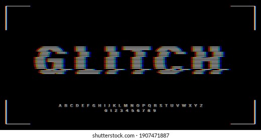 VHS glitch font in retro style.  English letters, numbers with distortion effect. Good for design promo electronic music events, games, banners, web, etc. Vector