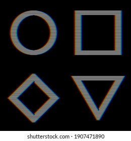 VHS glitch set of geometry shapes. Circle, square, rhombus and triangle with distortion effect. Good for design promo electronic music events, games, banners, web, etc. Vector