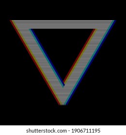 VHS glitch triangle in retro style.  Geometry shape with distortion effect. Good for design promo electronic music events, games, banners, web, etc. Vector