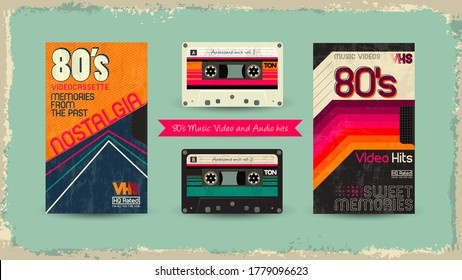 VHS tape. Vector beta tape, cassette box old graphic in 80s glitch style. Awesome super video hits. VHS effect. 80's,90's style. Retro vintage cover. Eighties letters. Easy editable design template.