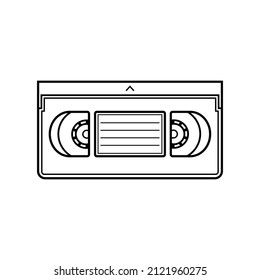 Outline of VHS cassette. Vector illustration. Video tape record system.  Retro storage of analog information. Hand drawn black ink sketch, isolated  on white background. Print for packaging, showcases Stock Vector