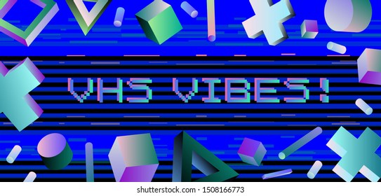 VHS technology retrowave background with floating geometric shapes and copy space for text. Neon figures on dark background, Vaporwave/ synthwave/ cyberpunk style.