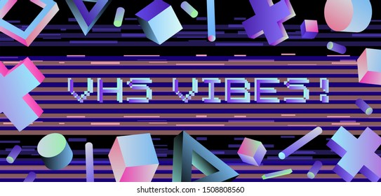 VHS technology retrowave background with floating geometric shapes and copy space for text. Neon figures on dark background, Vaporwave/ synthwave/ cyberpunk style.