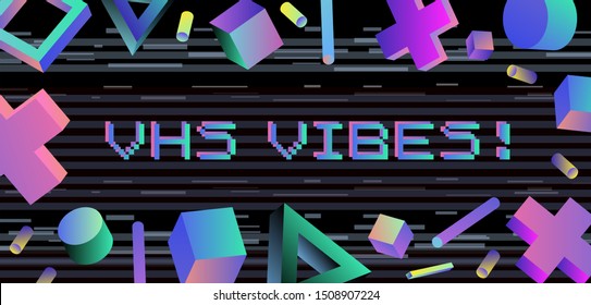 VHS technology retrowave background with floating geometric shapes and copy space for text. Neon figures on dark background, Vaporwave/ synthwave/ cyberpunk style.