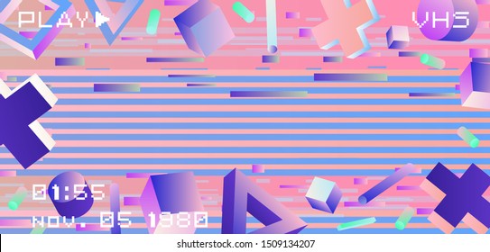 VHS technology retrowave background with floating geometric shapes and copy space for text. Neon figures on dark background, Vaporwave/ synthwave/ cyberpunk style.