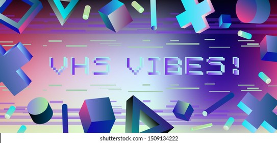 VHS technology retrowave background with floating geometric shapes and copy space for text. Neon figures on dark background, Vaporwave/ synthwave/ cyberpunk style.