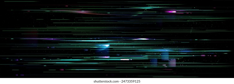 Vhs tv screen pattern with colorful lines and pixel dots on black background. Vector illustration set of vintage television video play or pause noise effect. Retro digital technology signal error.