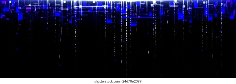 Vhs tv screen texture with blue and white lines and pixels on black background. Realistic vector illustration of abstract retro television noise effect. Vintage video play or rewind digital error.