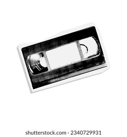 VHS video cassette with tape. Halftone paper sticker vector illustration.