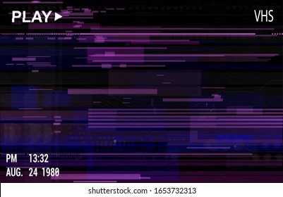 VHS video effect with glitch. Retro digital background, effect old video, tape rewind or no signal TV screen. Glitch art VHS vaporwave/ cyberpunk style vector illustration.