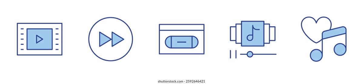 vhs, video player, forward, playlist, love song. Multimedia Icon vector illustration. Line Duotone style. Editable stroke.