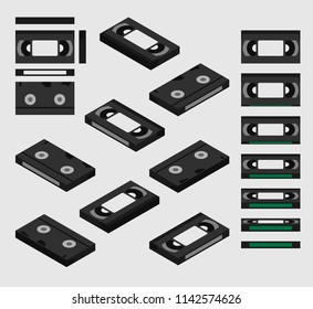 VHS video tape cassette isometric; VHS shown from different sides flat design 