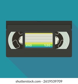 VHS videotape in flat design style on blue background with long shadow