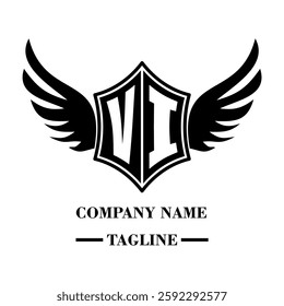 VI bold shield logo with wings, customizable with letters A to Z. Perfect for brands seeking a powerful symbol of strength, freedom, and ambition