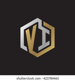 VI initial letters looping linked hexagon elegant logo golden silver black background