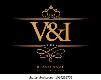 V&I Initial logo, Ampersand initial logo gold with crown and classic pattern