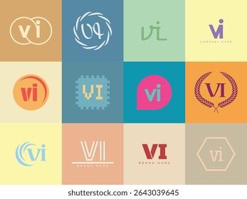 VI logo company template. Letter v and i logotype. Set different classic serif lettering and modern bold text with design elements. Initial font typography. Collection trendy business identity.