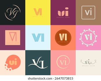 VI logo company template. Letter v and i logotype. Set different classic serif lettering and modern bold text with design elements. Initial font typography. Collection trendy business identity.