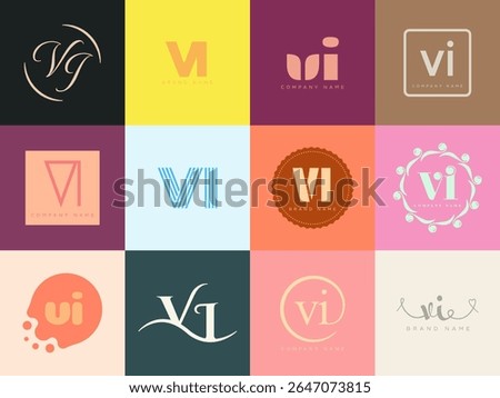 VI logo company template. Letter v and i logotype. Set different classic serif lettering and modern bold text with design elements. Initial font typography. Collection trendy business identity.