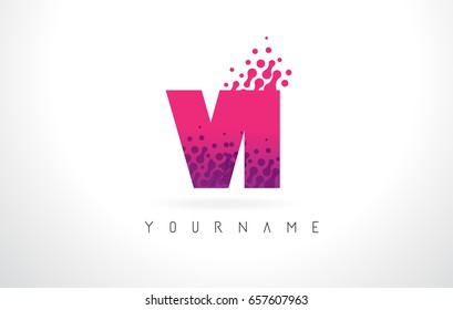 VI V I Letter Logo with Pink Letters and Purple Color Particles Dots Design.